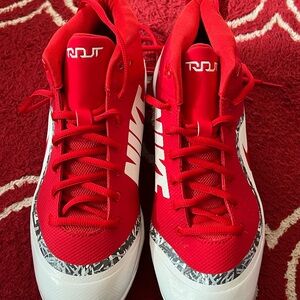 Nike Red and White Athletic High-Top Metal Cleats